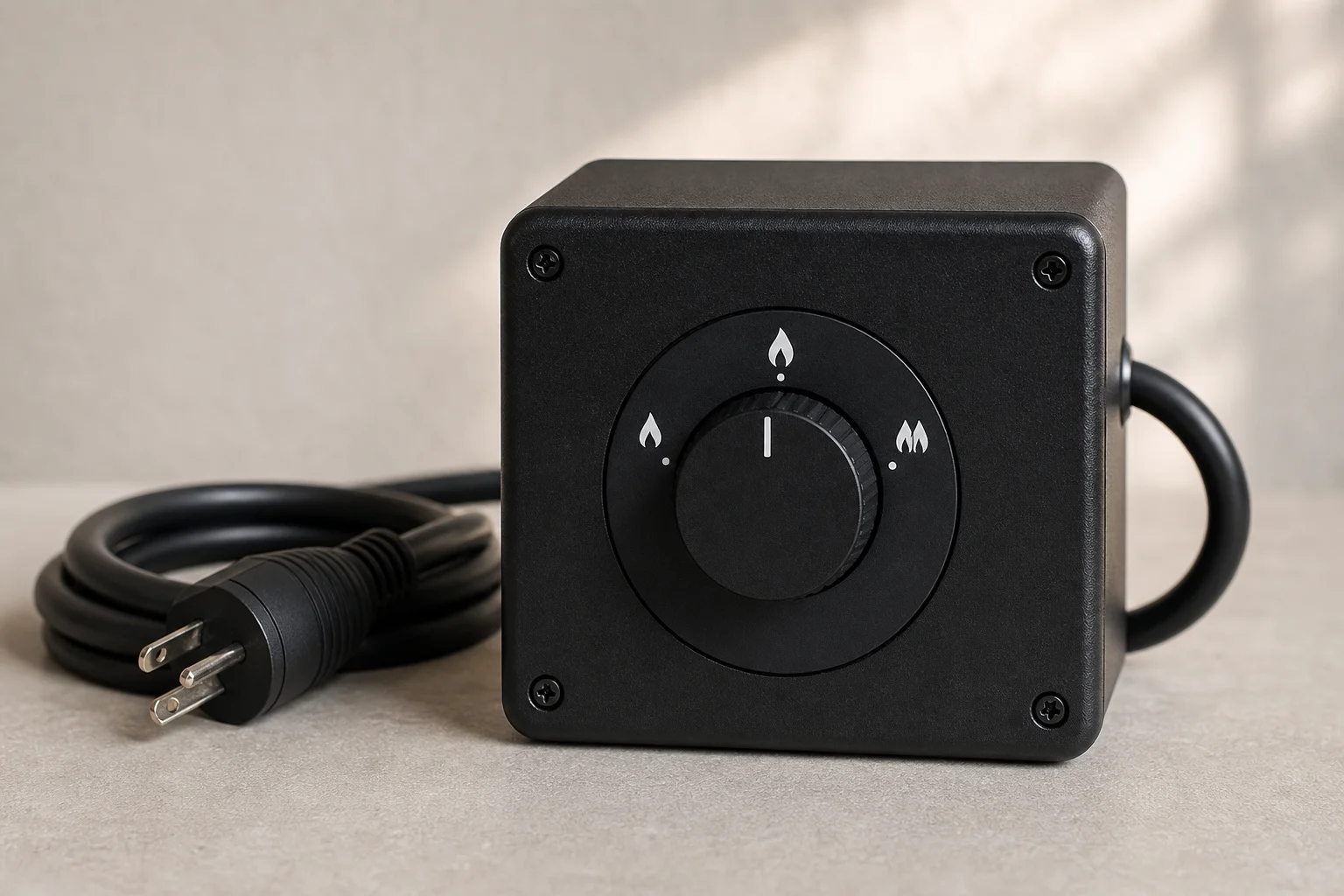 Flair 58 heating element control box with three-position thermostat dial and power cable