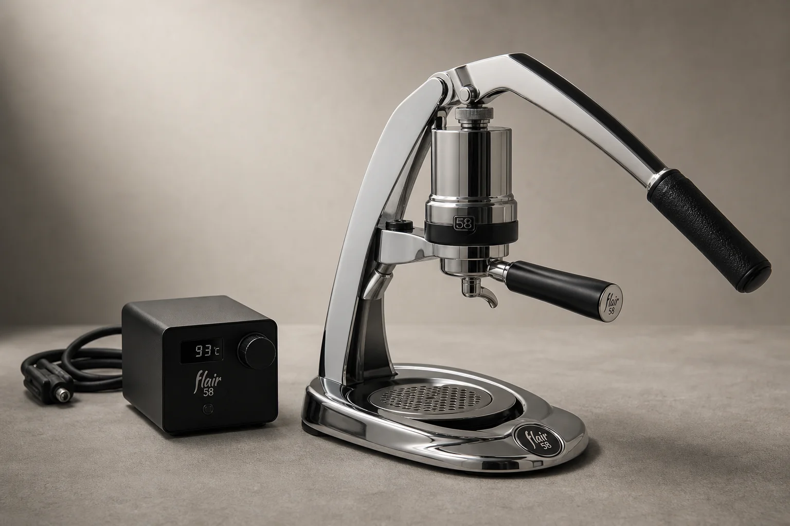 Flair 58 manual espresso machine with lever arm and heating control box on concrete surface
