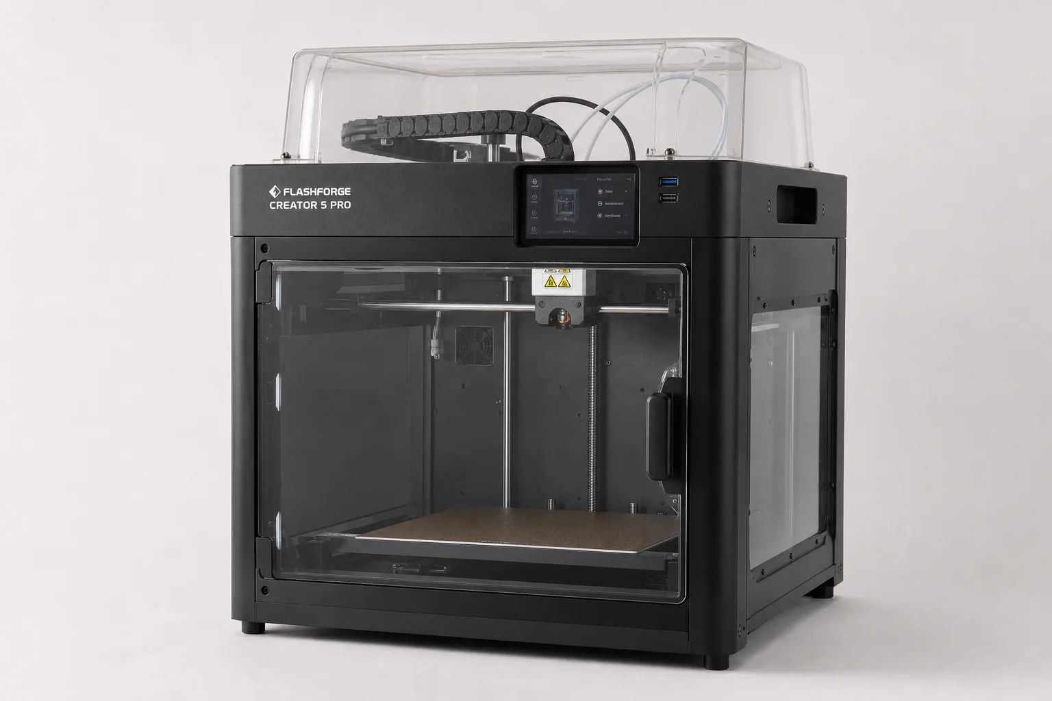 Flashforge Creator 5 多材料 3D 列印機，配備四個噴頭，背景簡潔。