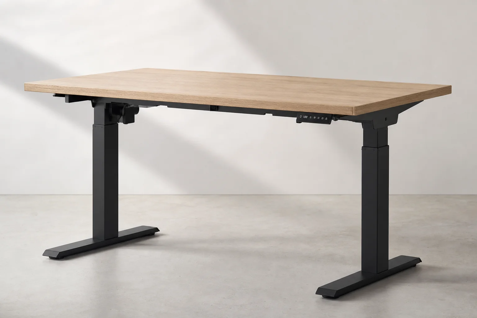 Five standing desks of varying styles and sizes arranged on neutral background