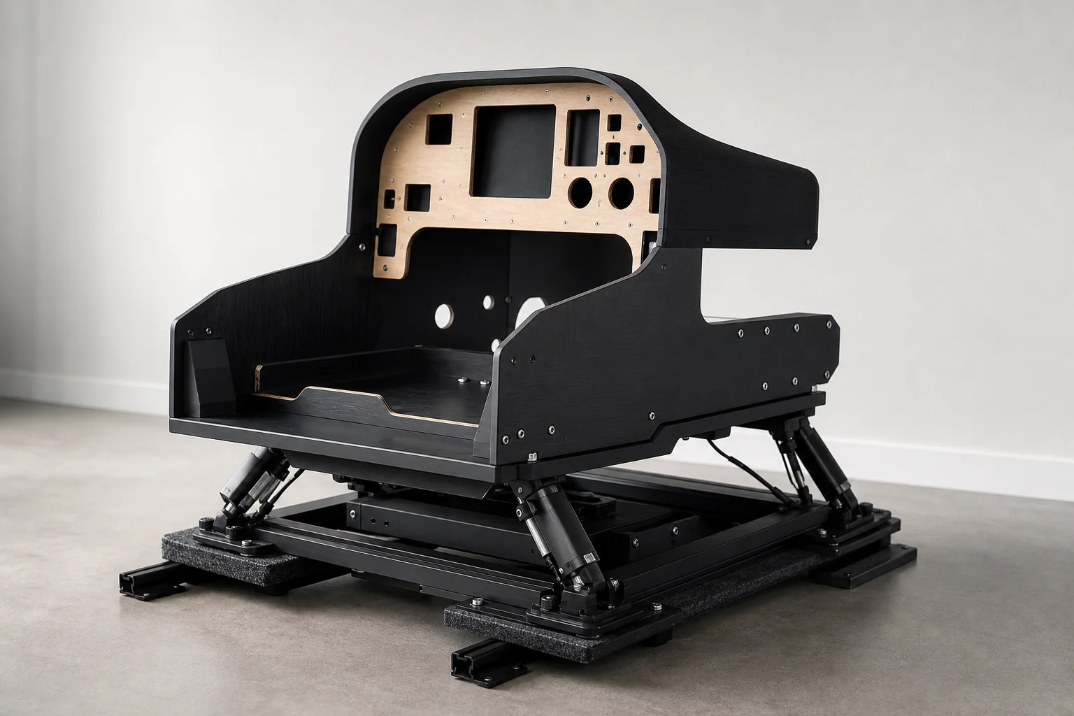 Professional home flight simulator cockpit with yoke, avionics, throttle controls, and triple monitors
