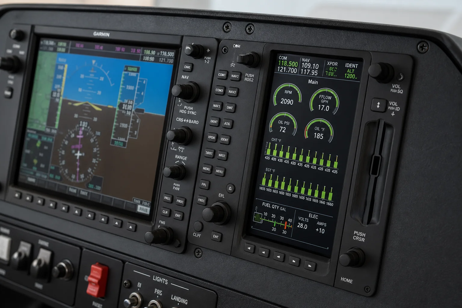 Professional home flight simulator cockpit with yoke, avionics, throttle controls, and triple monitors
