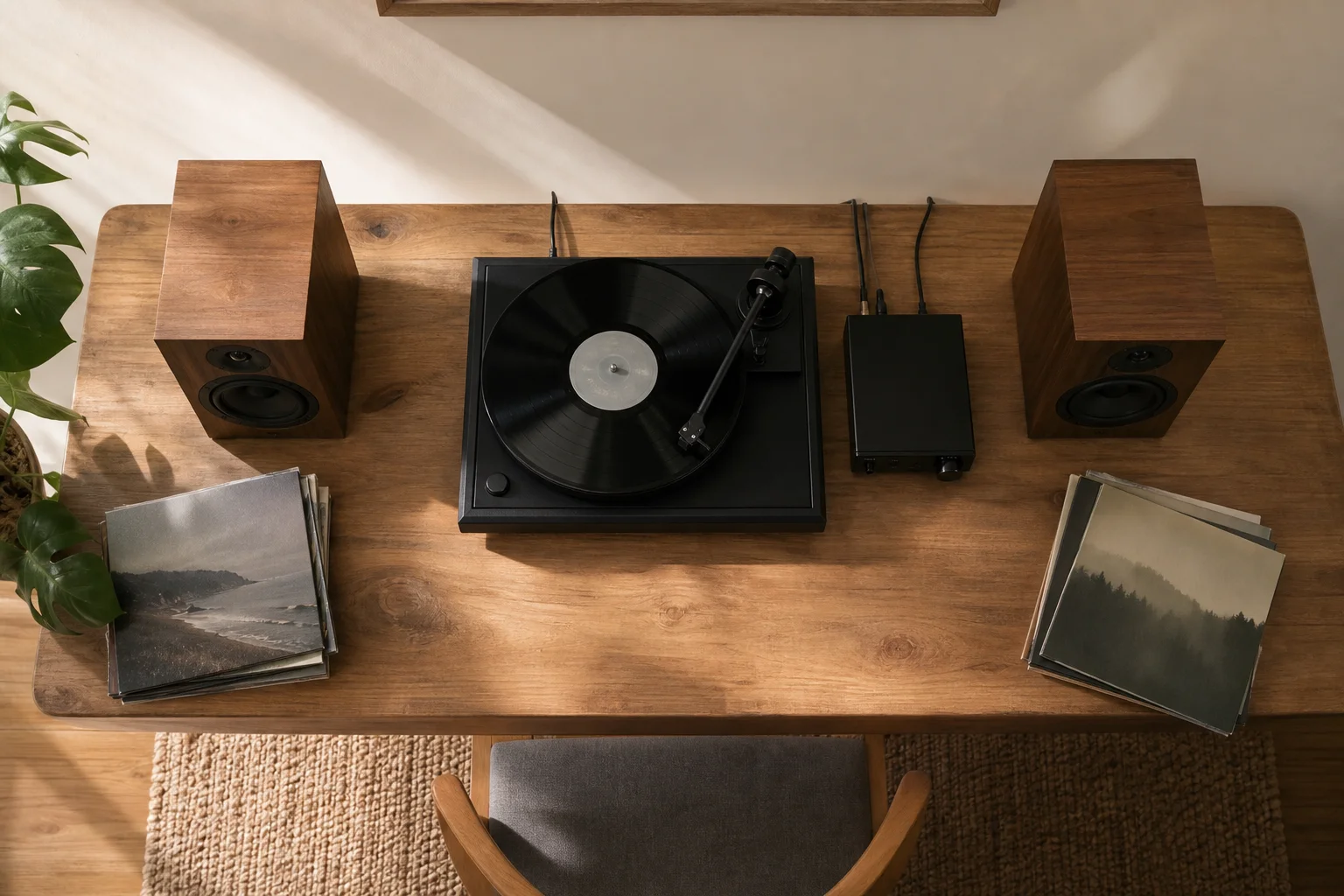 Turntable setup with preamp and speakers on wooden desk