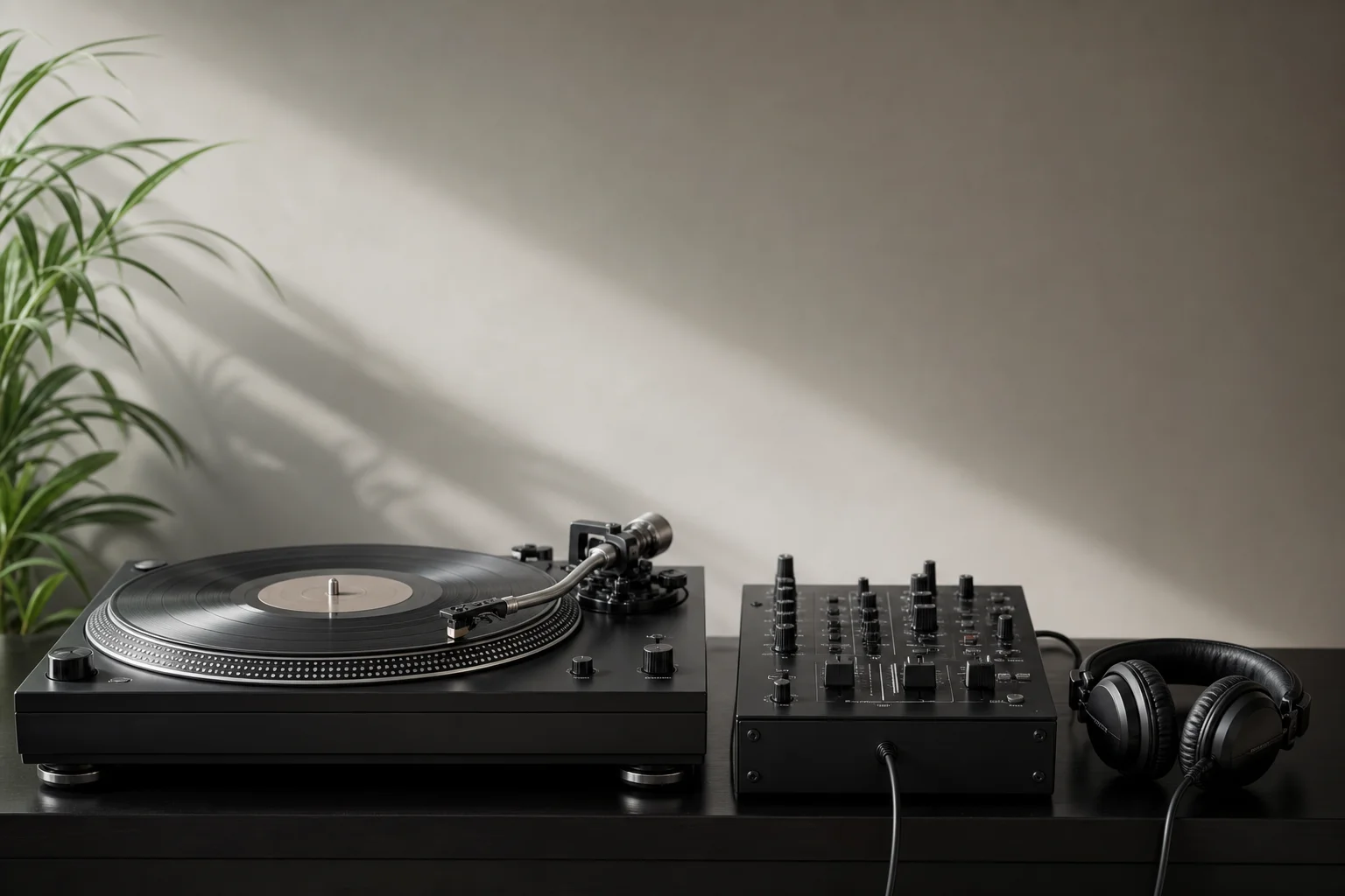 DJ turntable with mixer and headphones in studio setting
