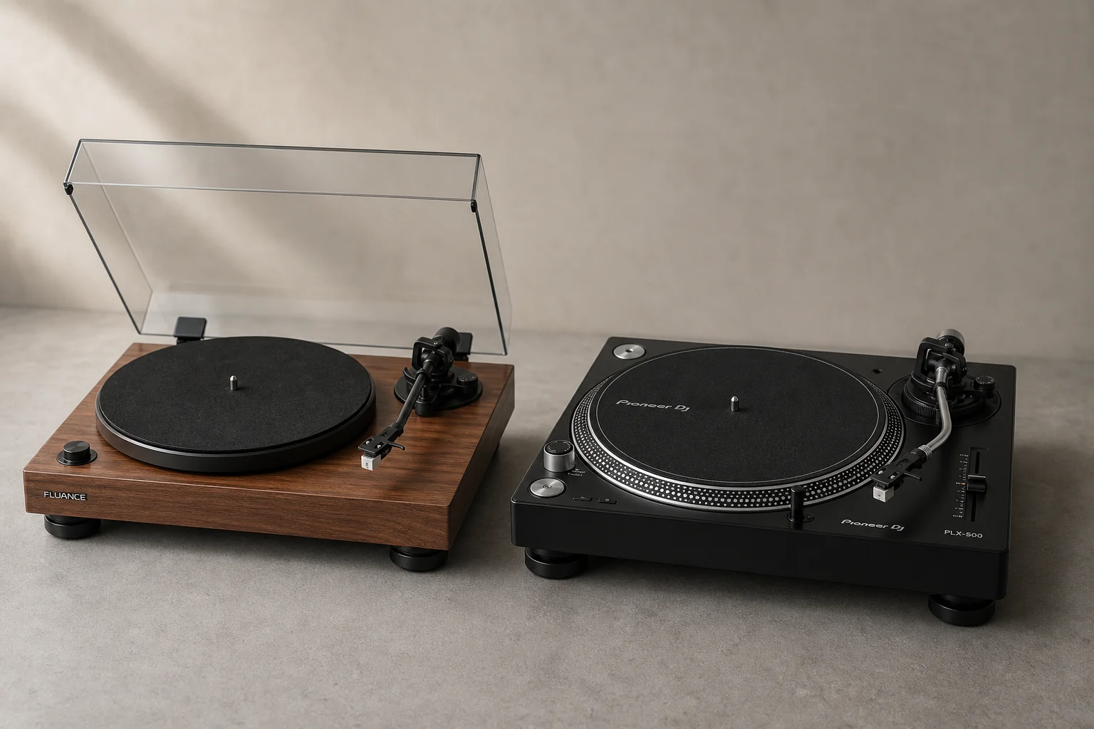 Fluance RT82 and Pioneer DJ PLX-500 turntables side by side on concrete