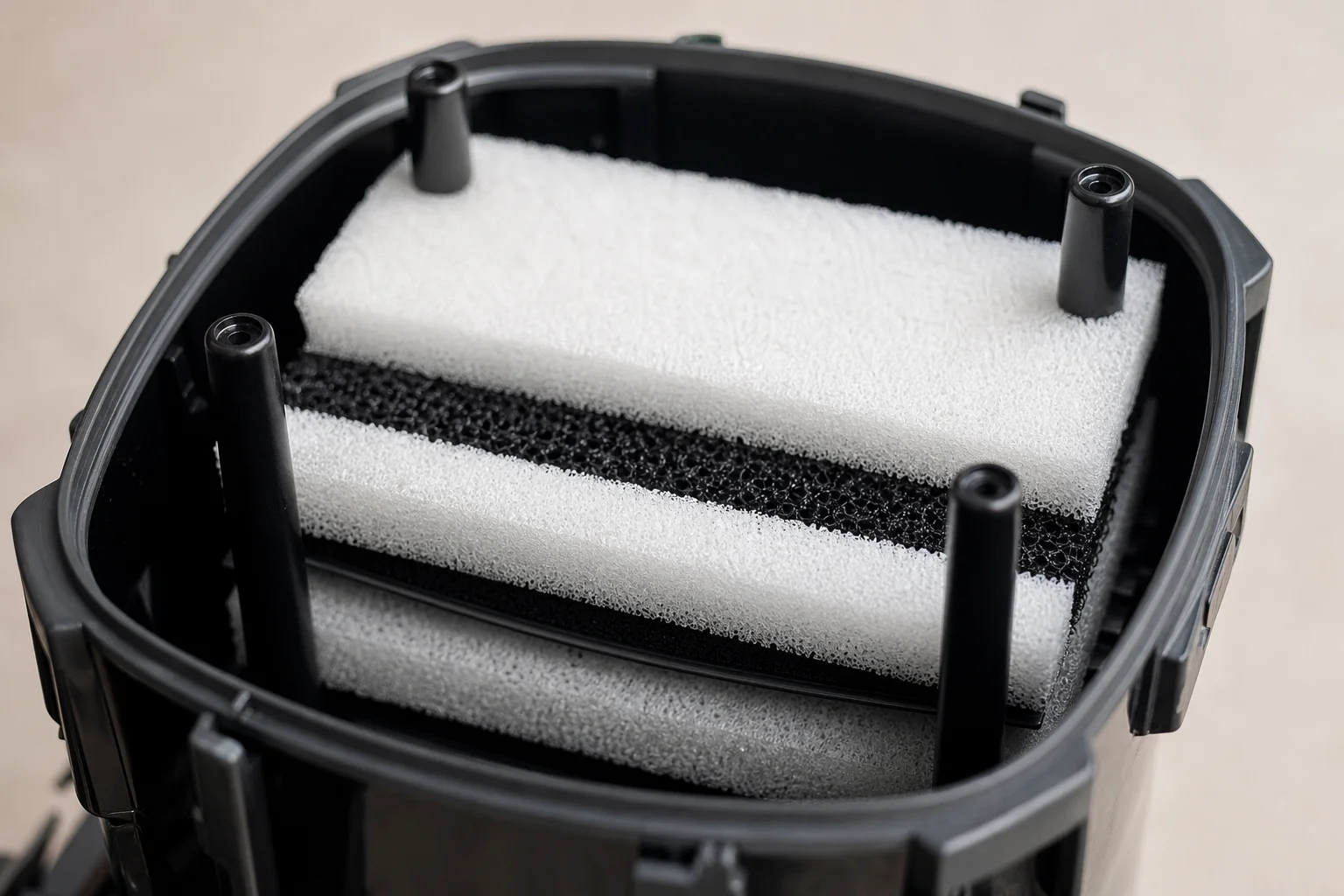 Close-up of foam filtration media and cartridge assembly inside a canister filter