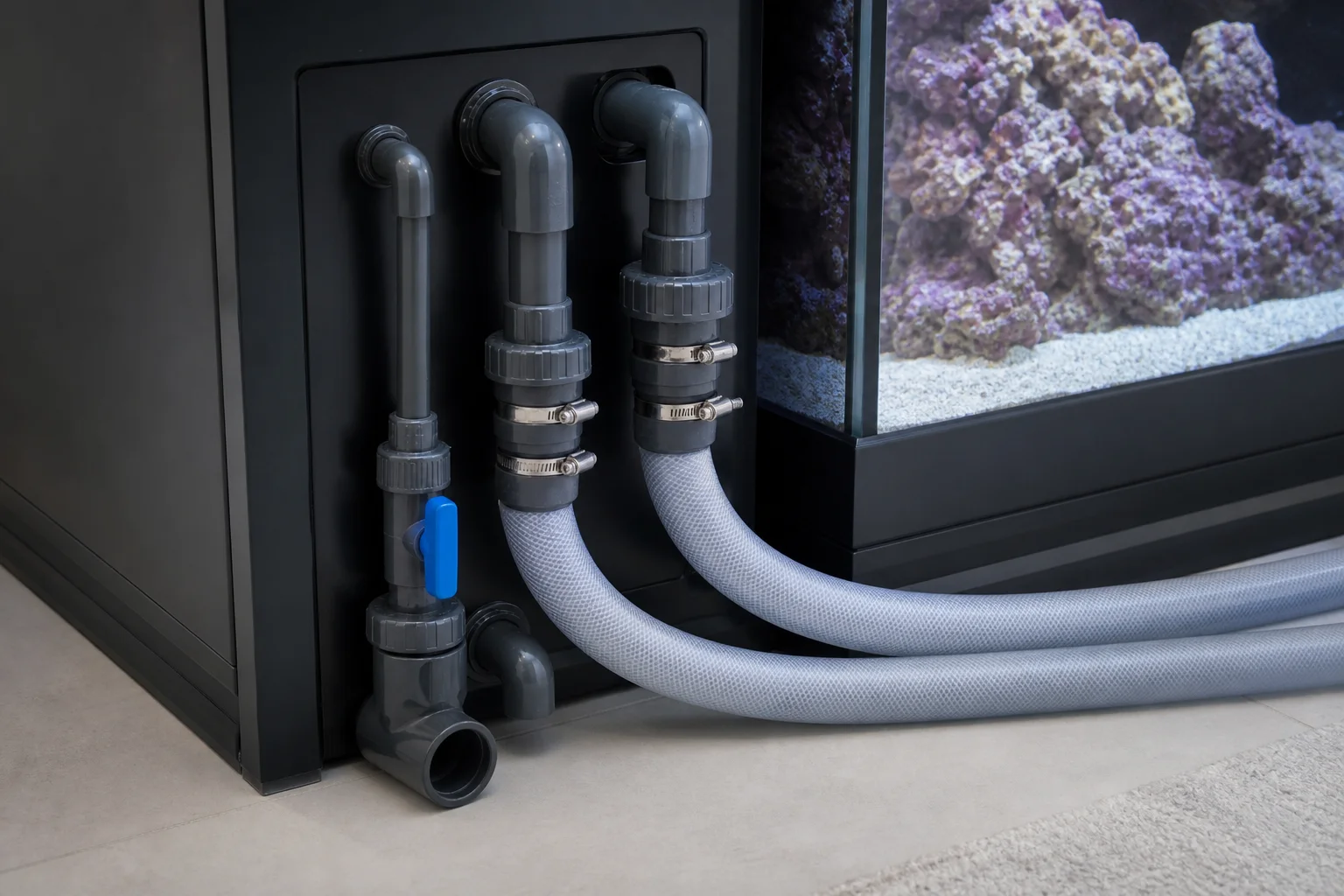 Aquarium overflow line and return hose connections near the tank base