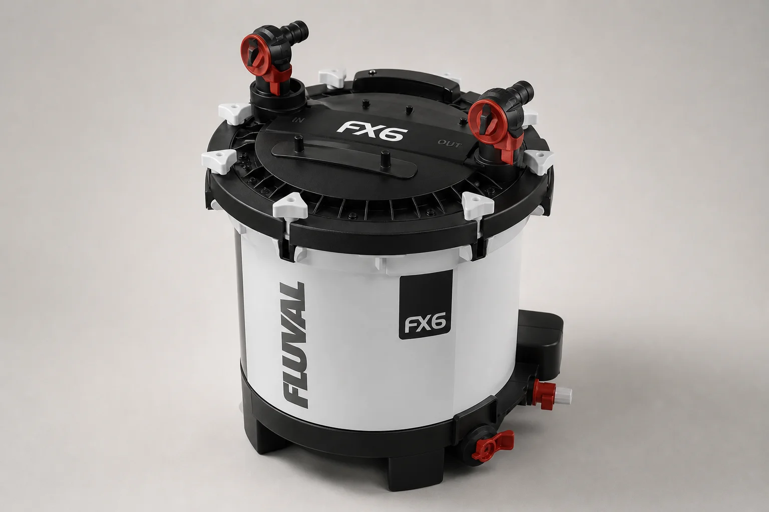 Fluval FX6 canister filter with white body, black accents, and red valve handles
