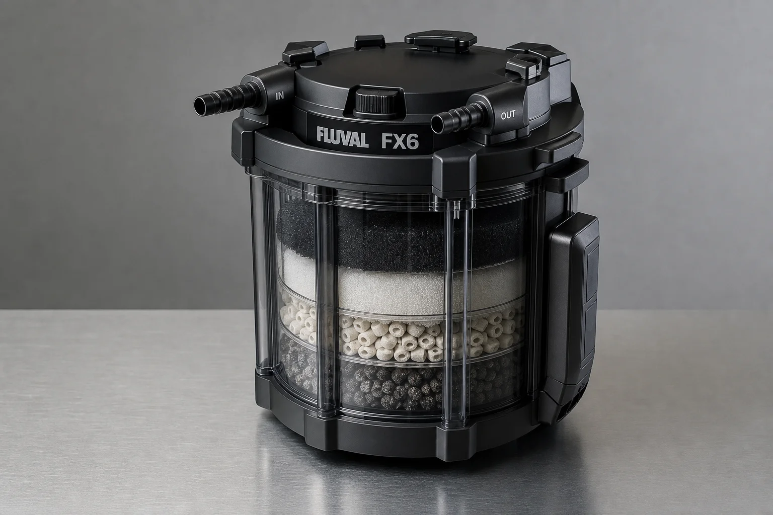 Fluval FX6 canister filter with visible internal media trays on grey surface