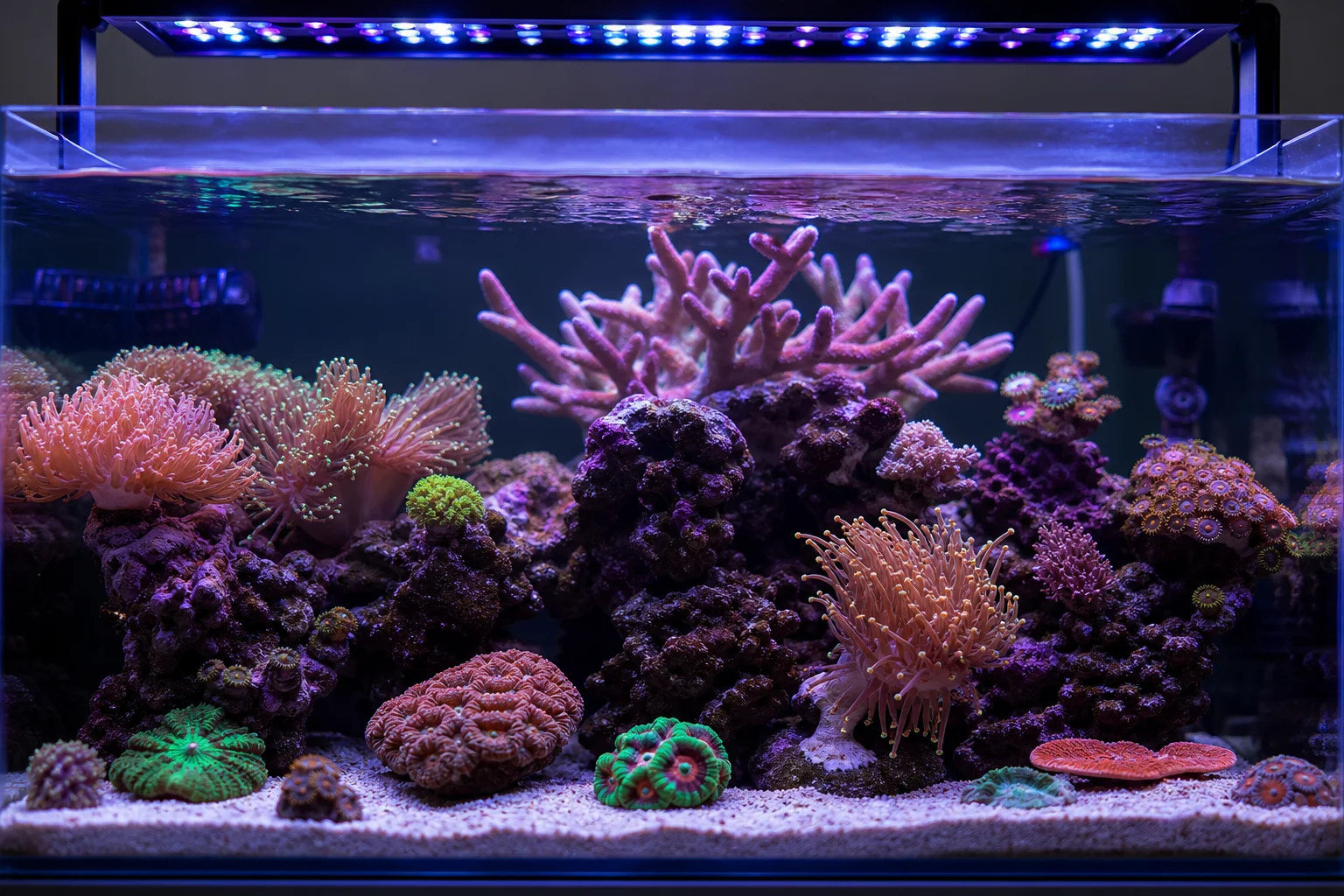 在 LED 燈光照射下,養殖軟珊瑚、LPS 珊瑚與軸孔珊瑚的海水缸
