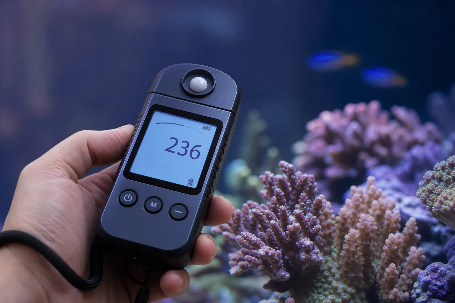 在水族箱內珊瑚附近進行 PAR 數值測量的儀器