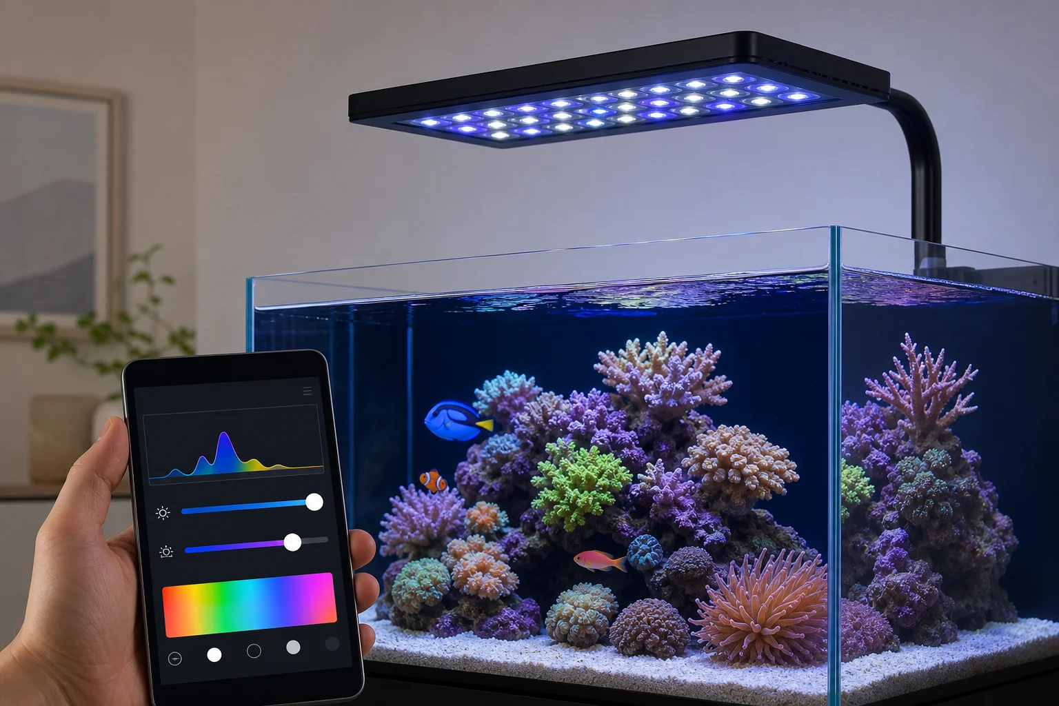安裝在海水缸上方並顯示控制應用程式介面的 LED 燈具