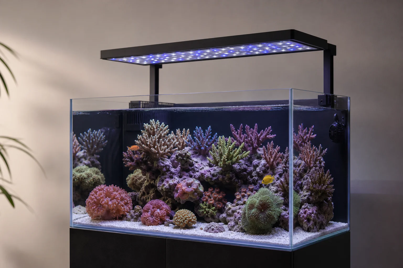 安裝在色彩繽紛的珊瑚礁水族缸上方的 Fluval Reef 4.0 LED 燈具