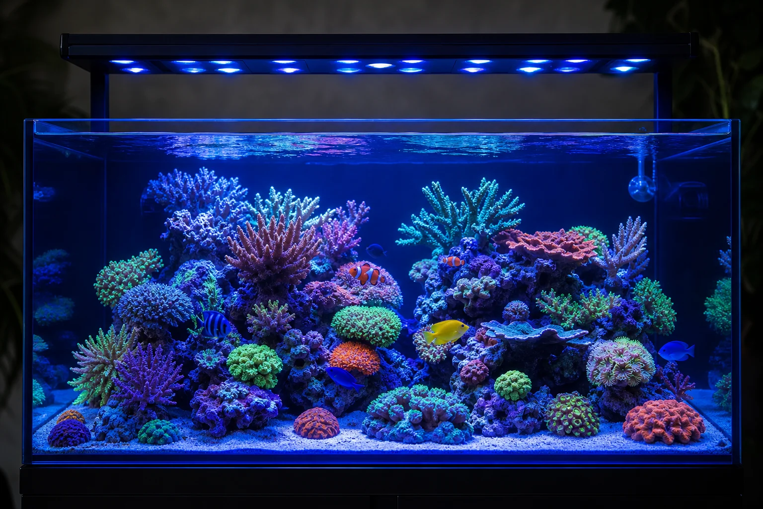 海水缸在藍光光譜照明下，展現出珊瑚的螢光反應