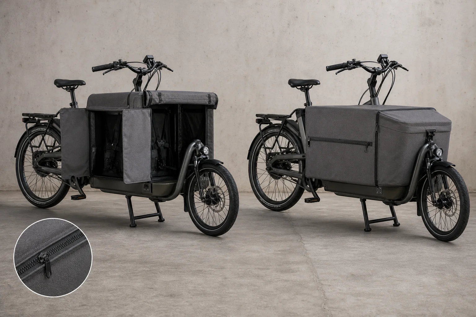 Three electric cargo bikes displayed side by side on neutral backdrop