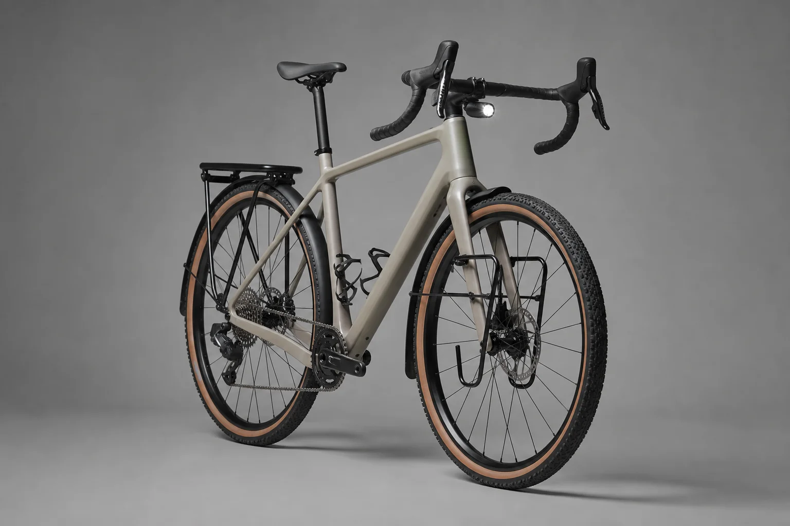 Collection of touring bicycles in various styles on neutral backdrop