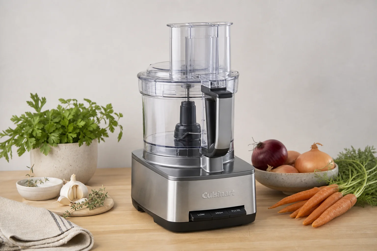 Food processor with fresh vegetables on wooden countertop