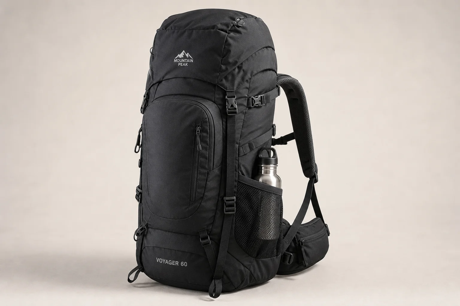 專業登山裝備配置，包含背包、登山靴、外套、帳篷、睡袋、頭燈與相機