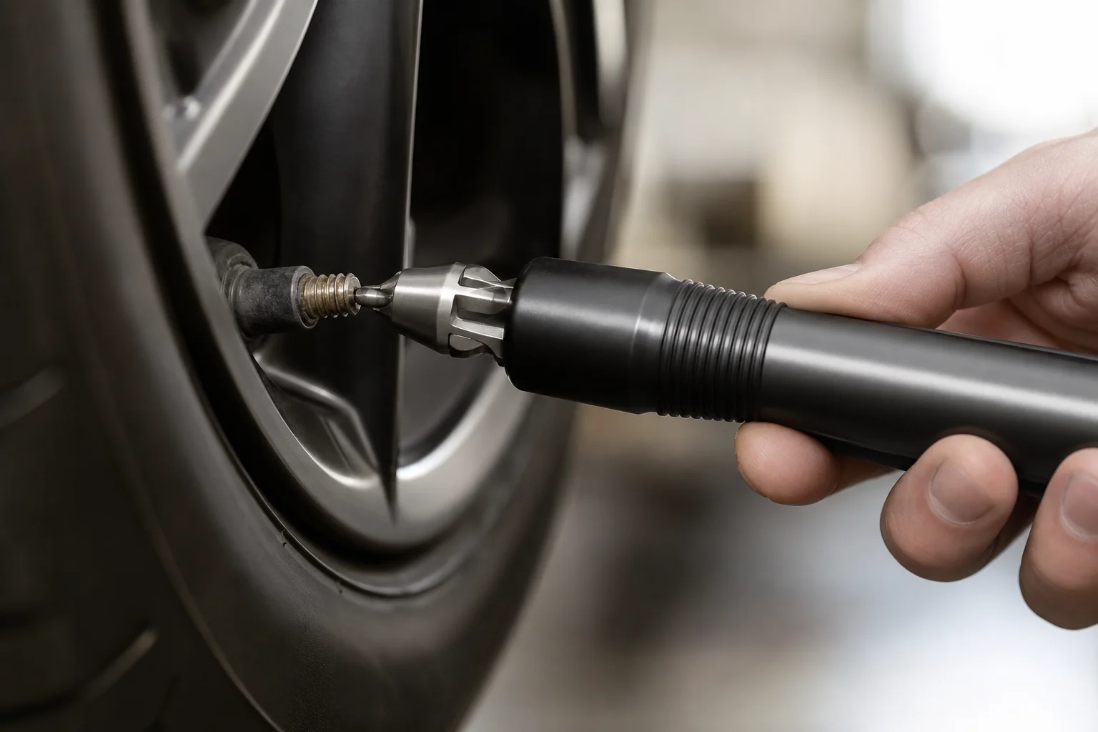 機車輪胎氣門嘴與準備進行安裝的凝膠應用工具