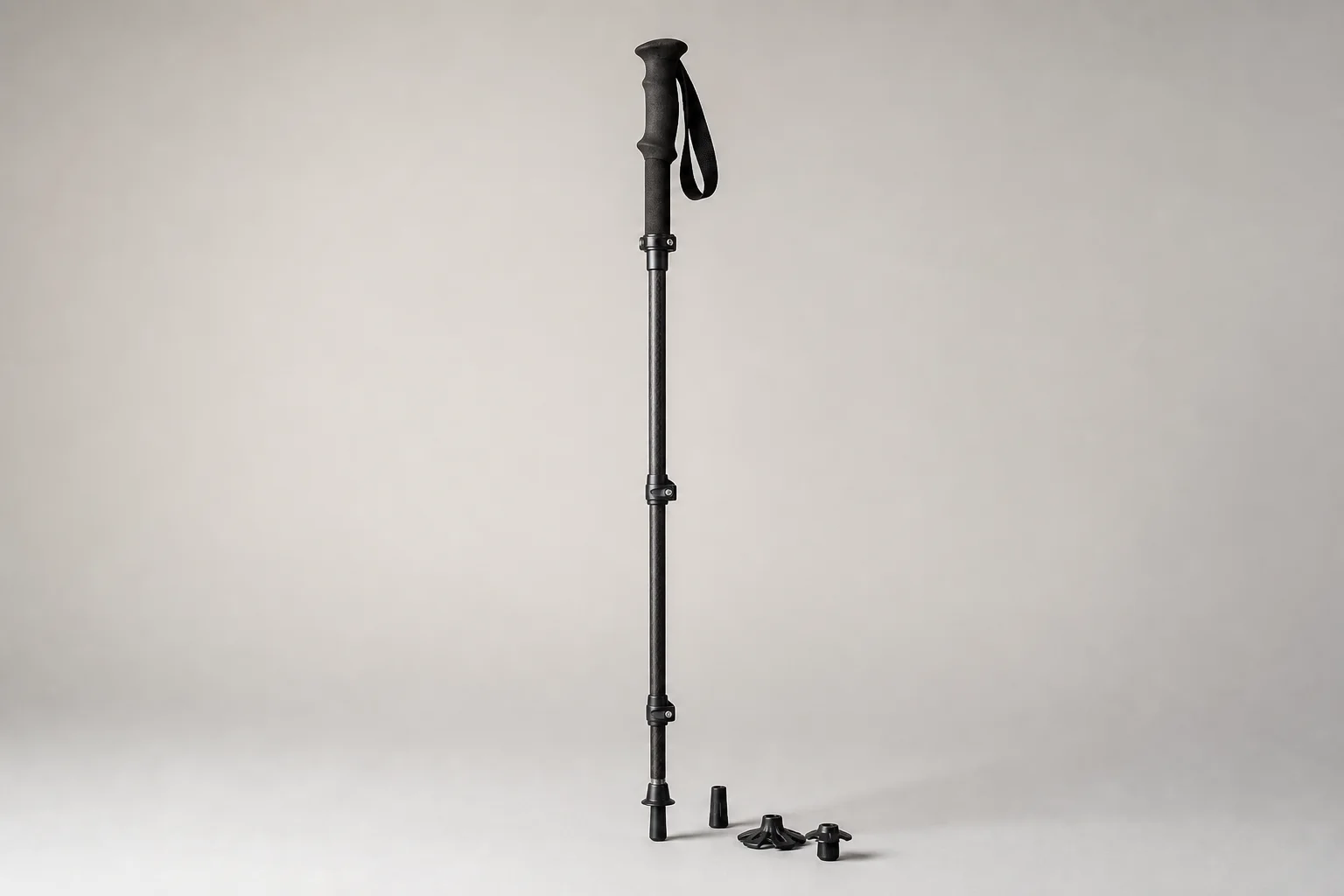 Five hiking poles arranged in a fan pattern on concrete surface