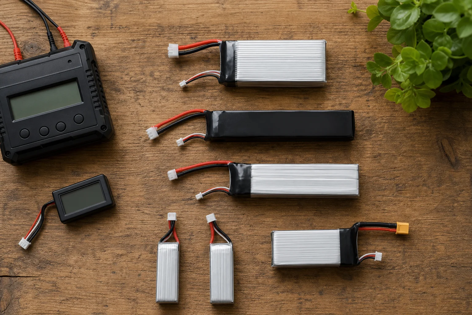 工作檯上擺放多顆 LiPo 電池、充電器與電壓測試儀