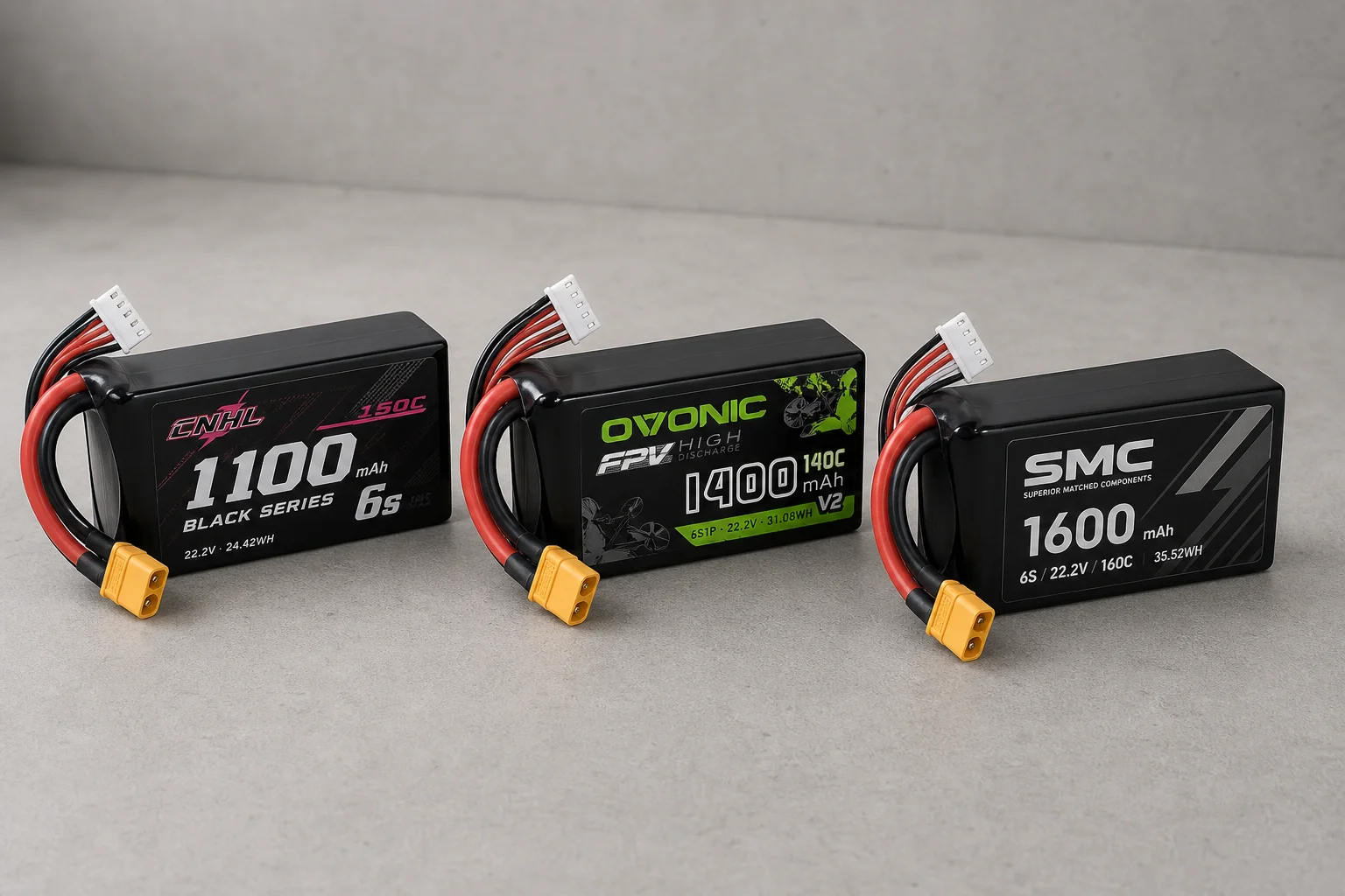 三款 LiPo 電池並排放在水泥地上，分別為 CNHL、Ovonic 與 SMC 型號