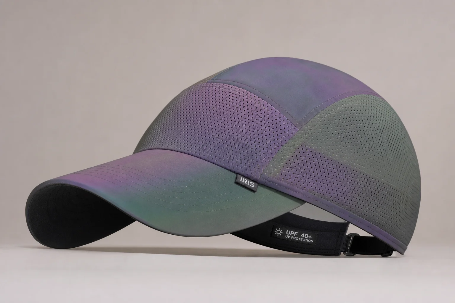 Nine running caps in various styles and colors arranged on neutral backdrop