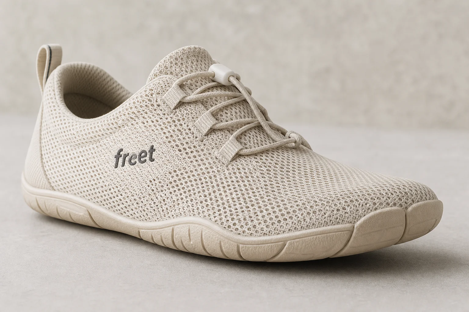 Seven barefoot shoe styles arranged on concrete surface