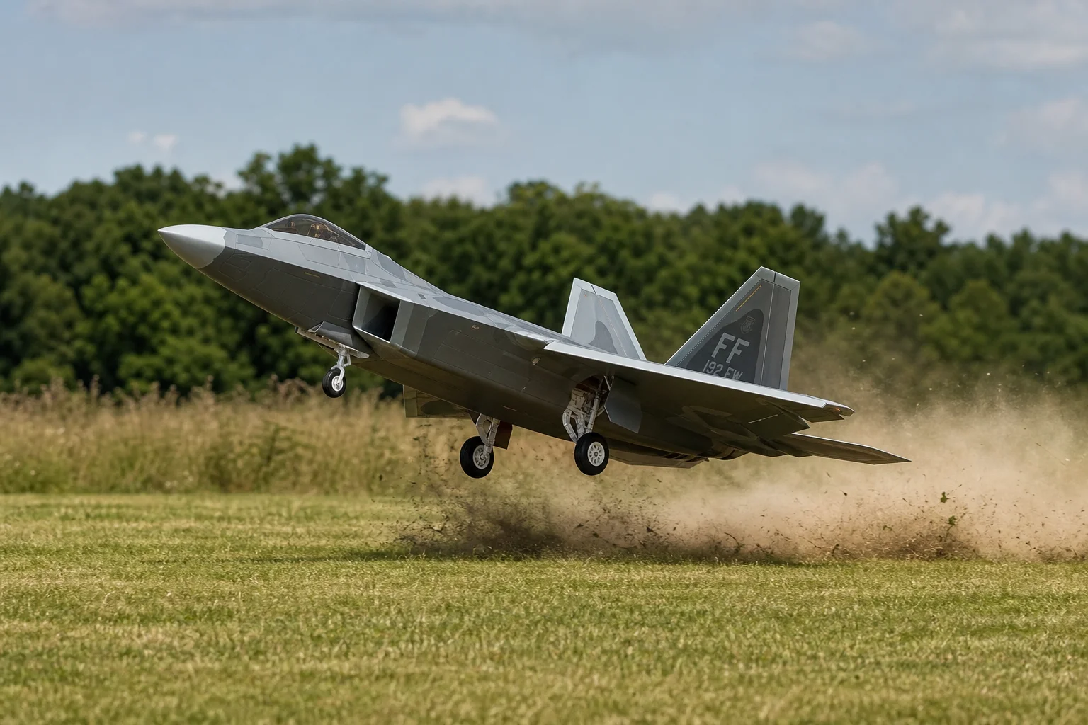 RC jet aircraft taking off from grass field with full throttle power