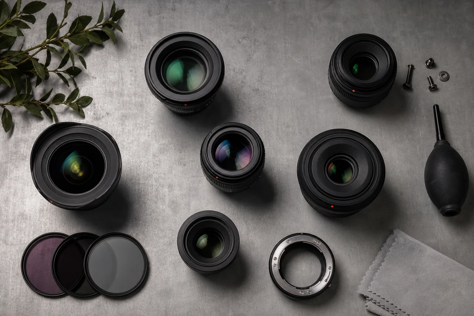 Assortiment d'objectifs et d'accessoires photo disposés sur une surface neutre