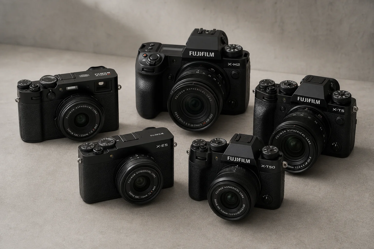 Five Fujifilm mirrorless cameras displayed on concrete surface showing different form factors
