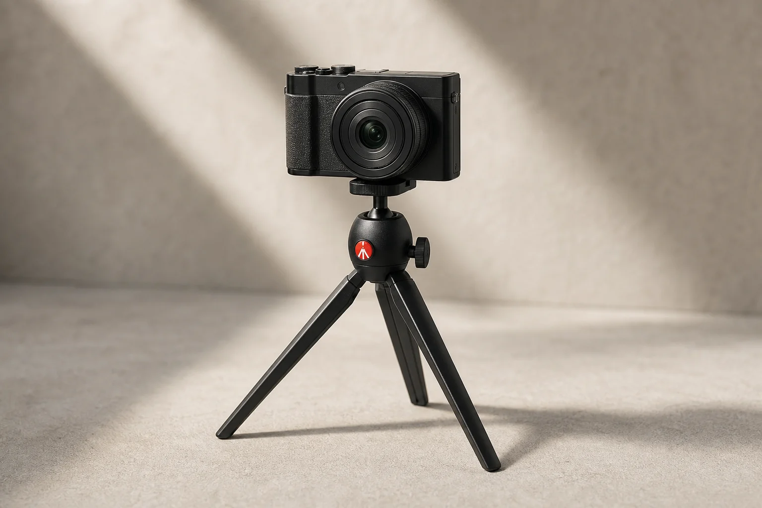 Compact Manfrotto pocket tripod extended with camera mounted for group shot