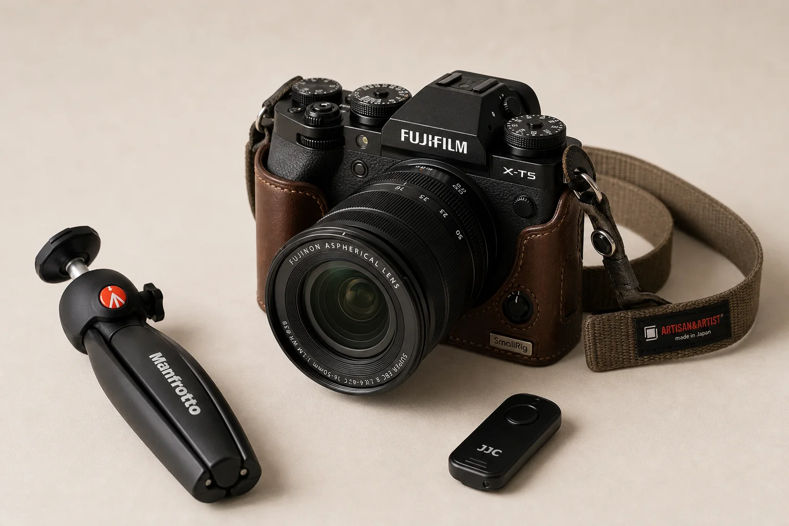 Fujifilm X-T5 camera with travel accessories on neutral backdrop