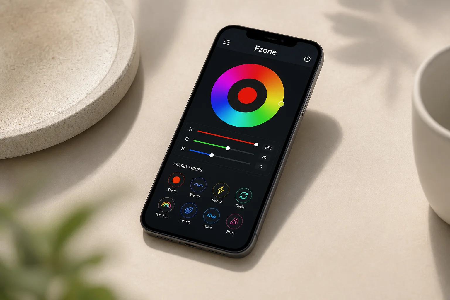 智慧型手機顯示 Fzone App 的 RGB 色彩與預設控制介面