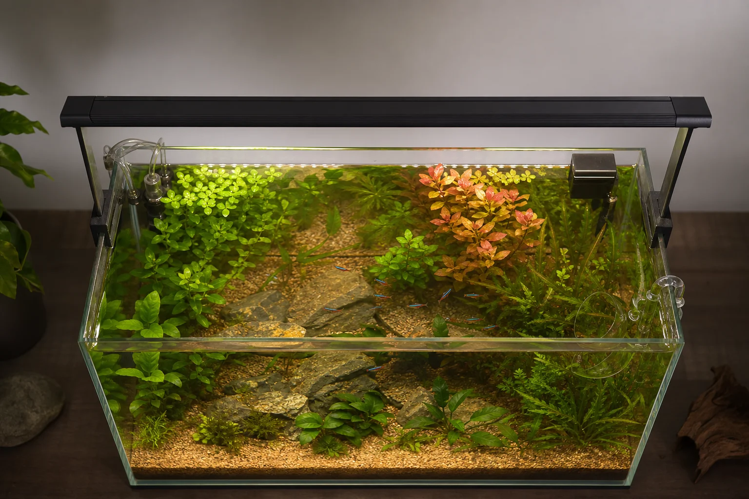 由 Fzone Brite 90 燈具照亮、內有魚隻與水草的水族缸