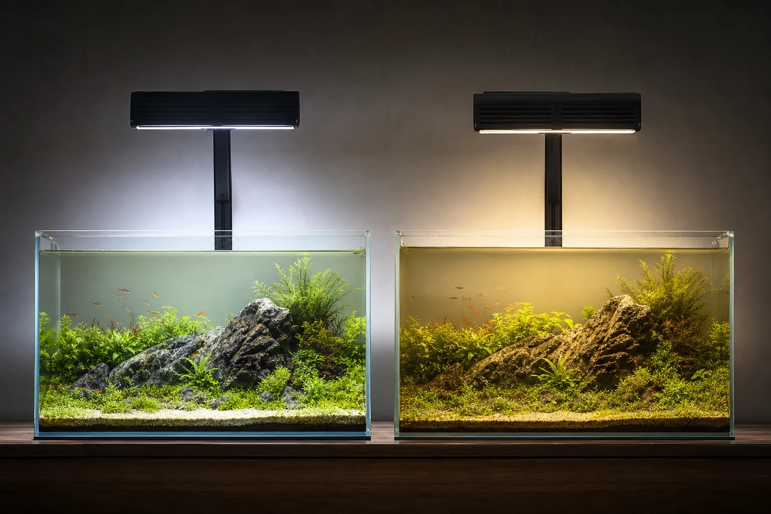 兩款水族燈的並排比較,顯示出色彩輸出的差異