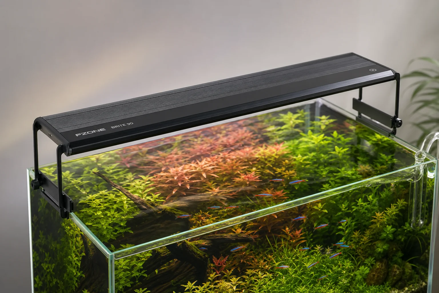 安裝在水草缸上方並散發 RGB 光芒的 Fzone Brite 90 水族燈