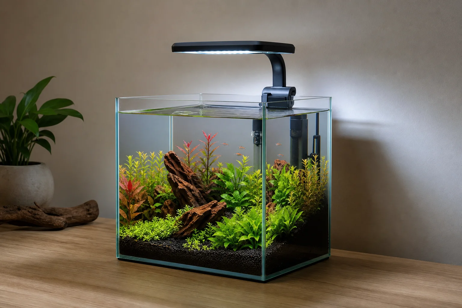 由 Fzone Solo Nano 照亮的微型水族缸,展現出色的顯色效果