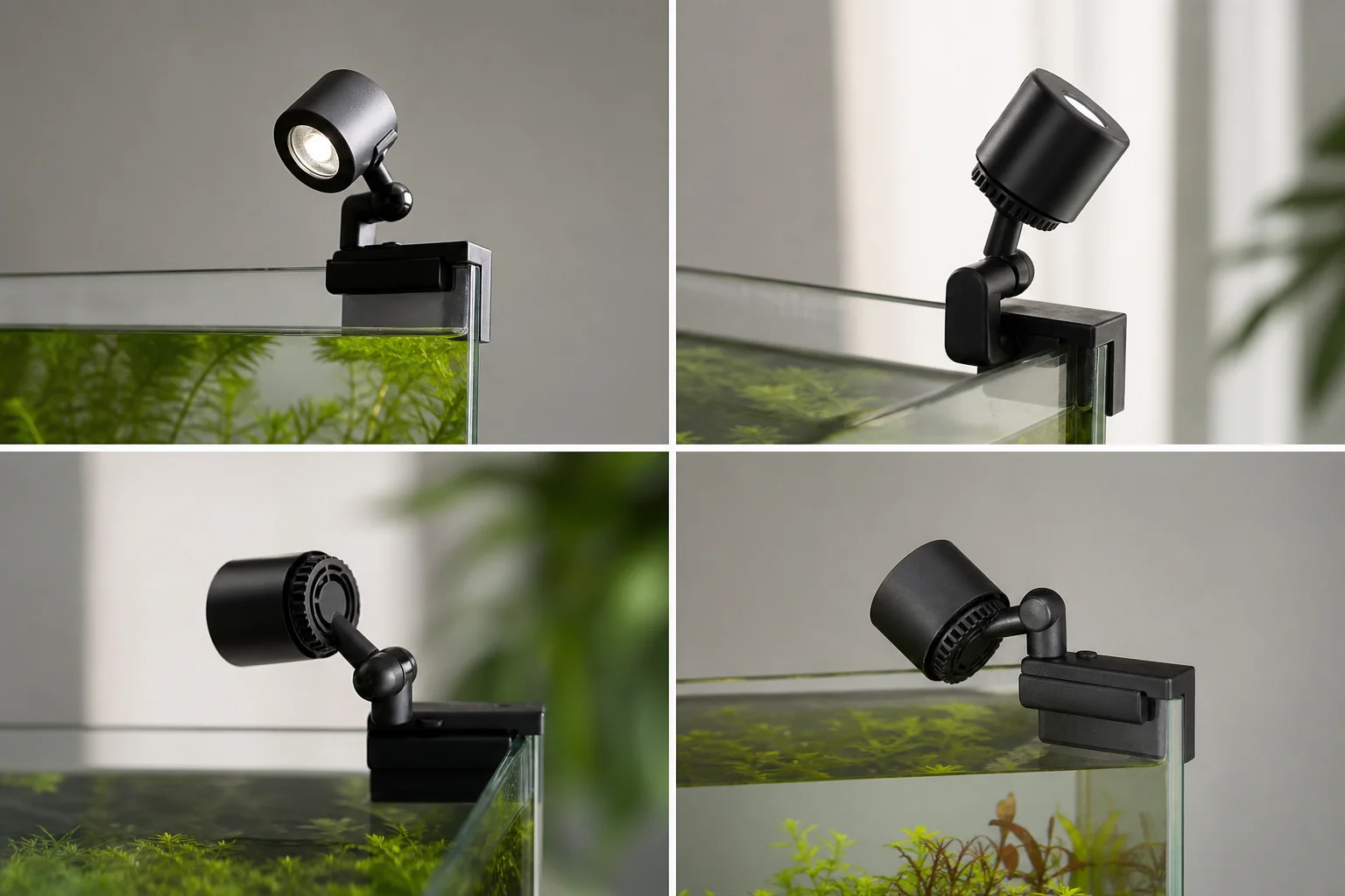 安裝在魚缸玻璃上的 Fzone Solo Nano 燈具,展示其 360 度旋轉能力
