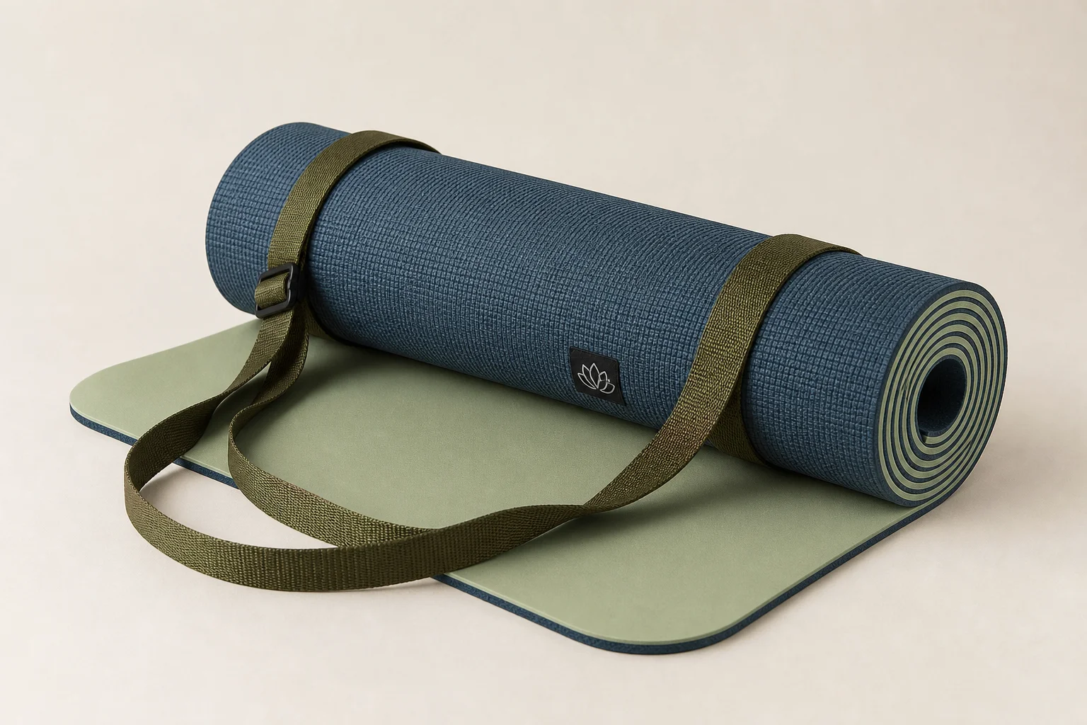 Five different yoga mats displayed on a wooden floor showing various thicknesses and colors