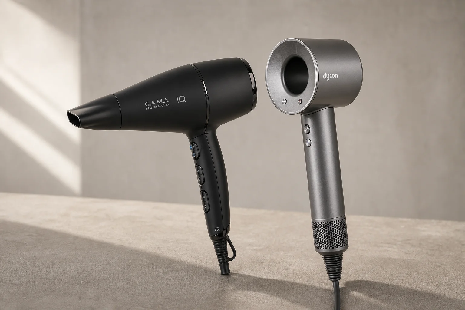 Gama Professional iQ 與 Dyson Supersonic 吹風機並排放在水泥地上