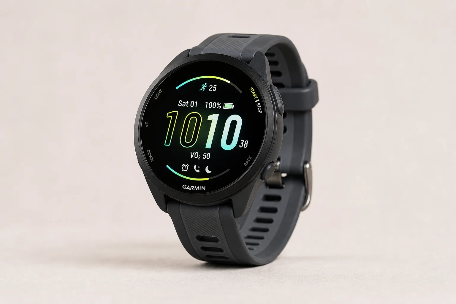 Collection of five Garmin sports watches on brushed aluminium surface