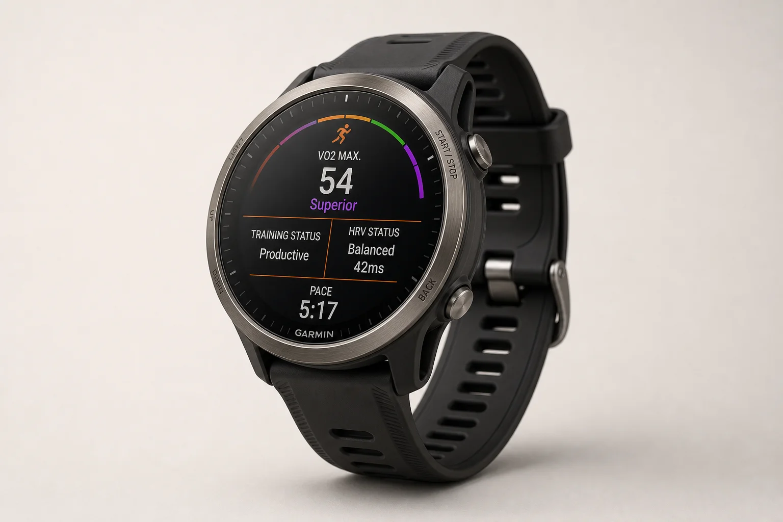 五款 Garmin 運動腕錶陳列於拉絲鋁金屬表面上