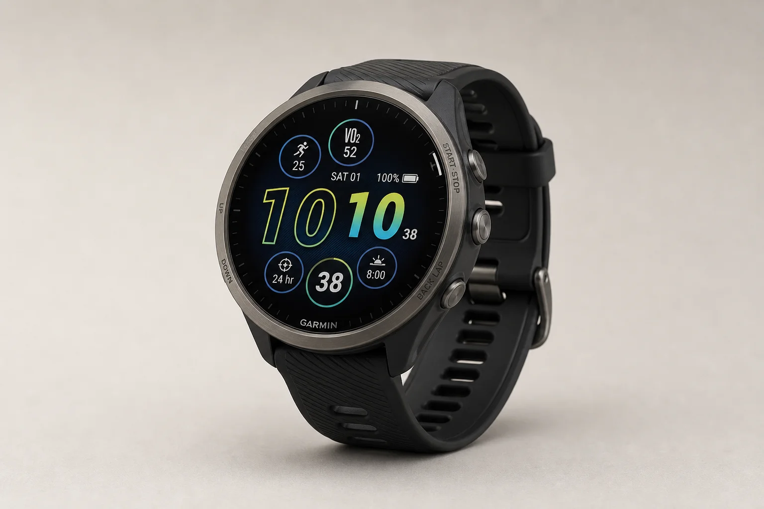 五款 Garmin 運動腕錶陳列於髮絲紋鋁合金表面上