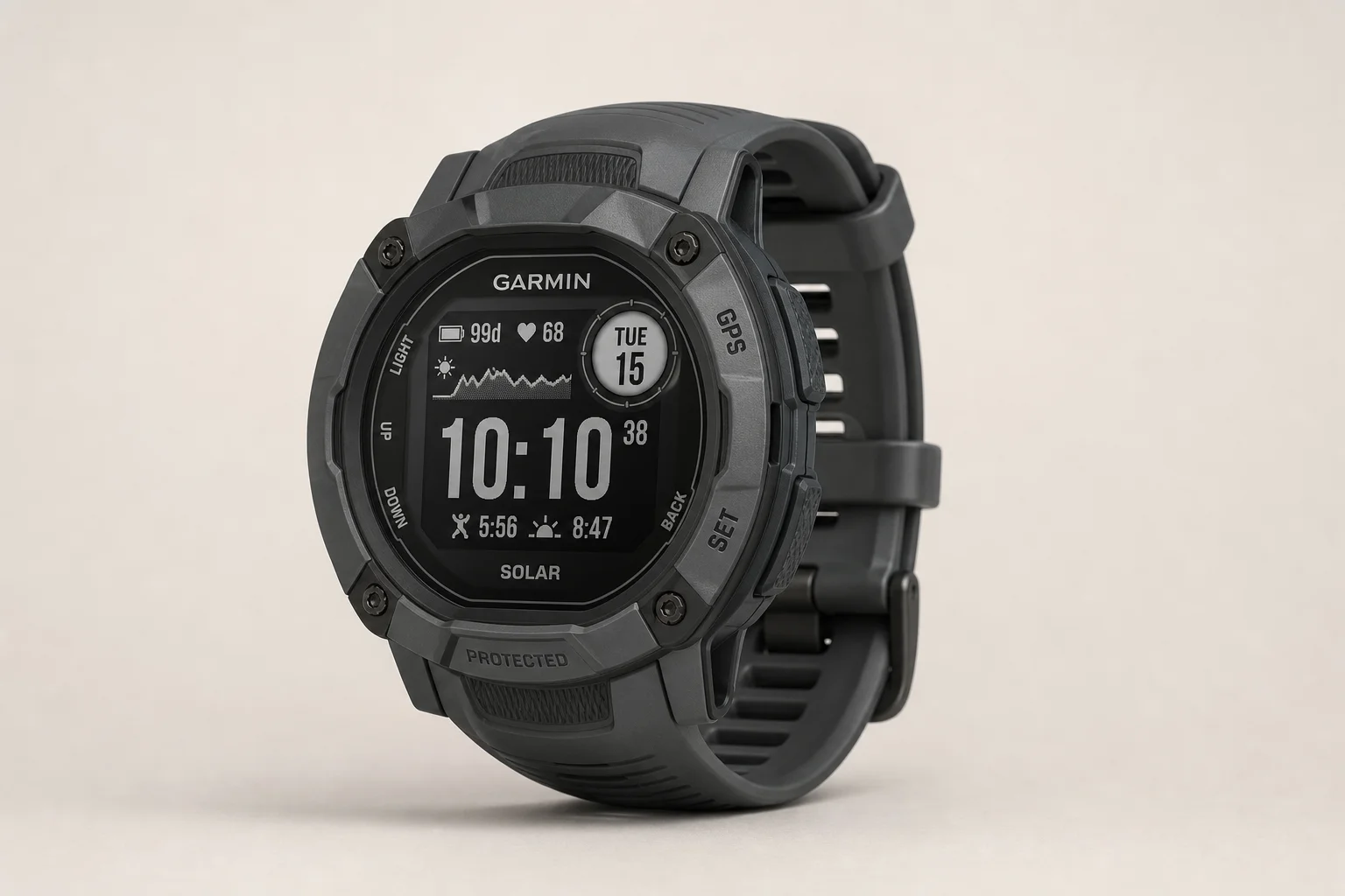 Collection of five Garmin sports watches on brushed aluminium surface