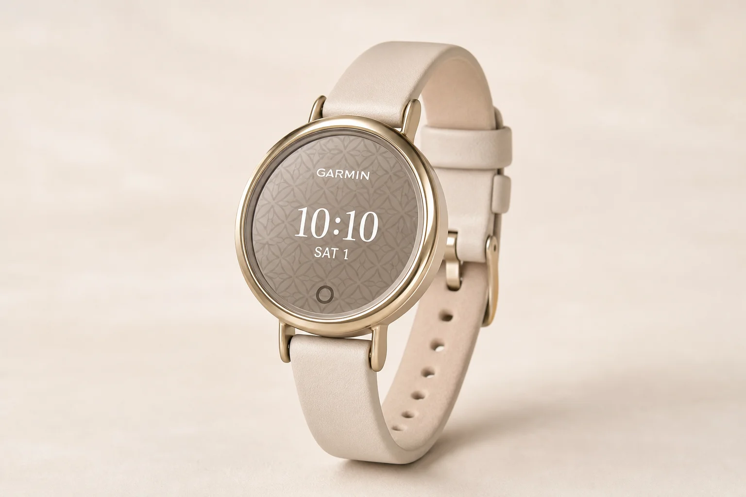 五款不同風格的 Garmin 手錶排列在水泥地上的合影