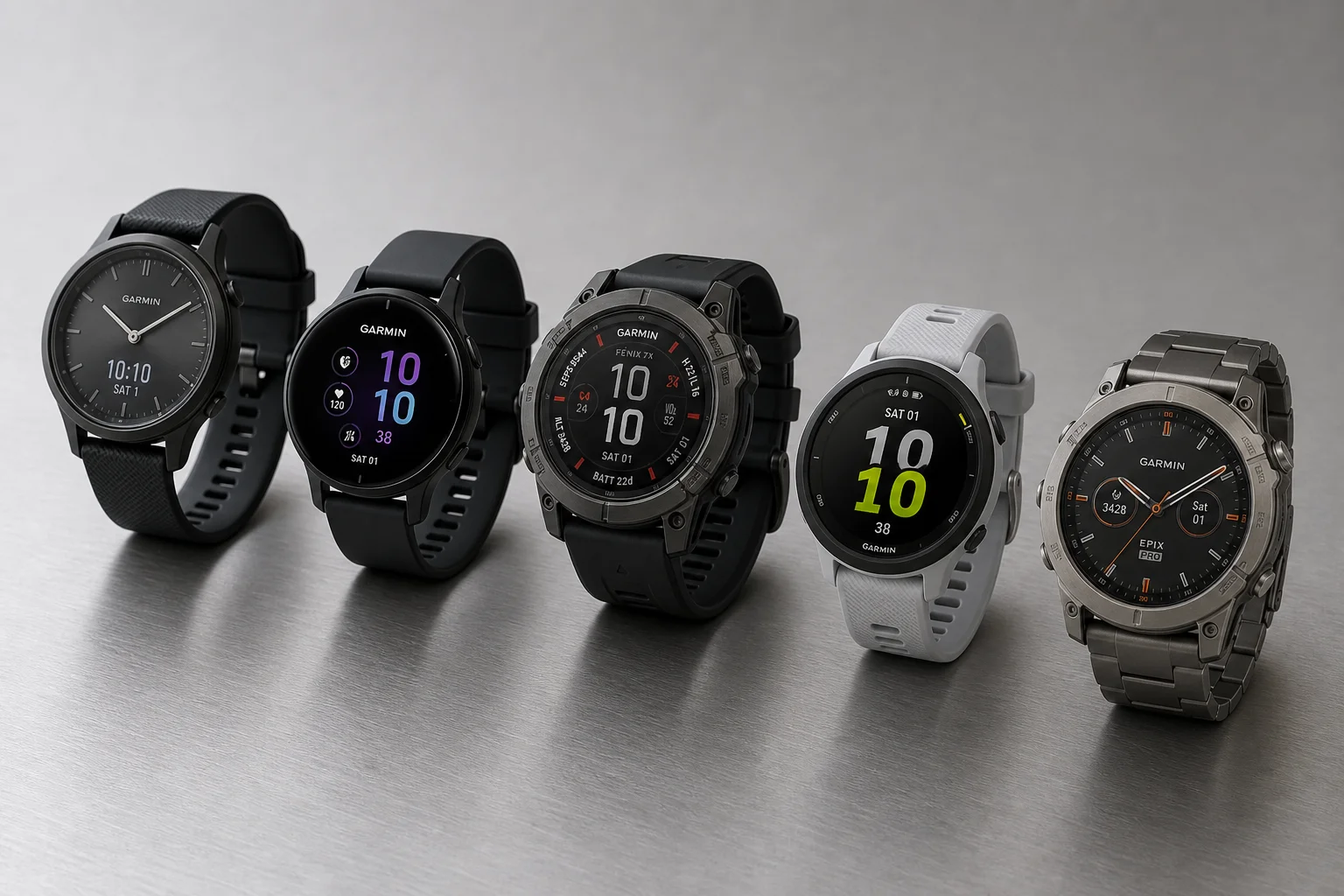 五款 Garmin 運動手錶陳列於拉絲鋁金屬表面上