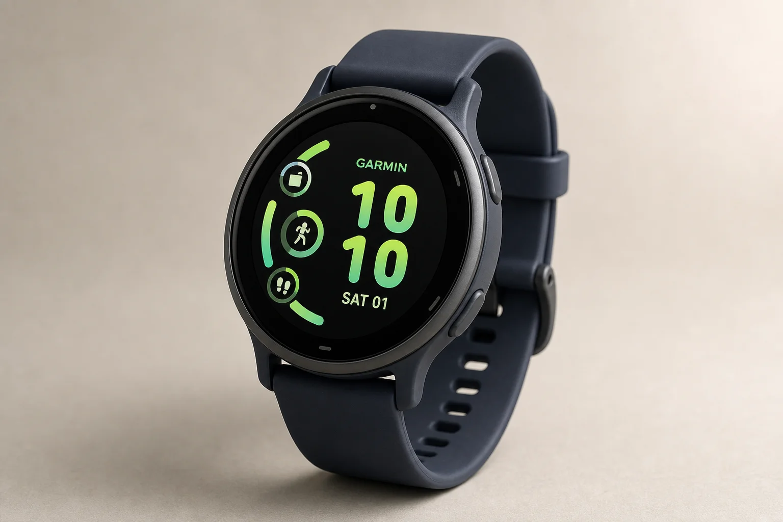 Collection of five Garmin sports watches on brushed aluminium surface
