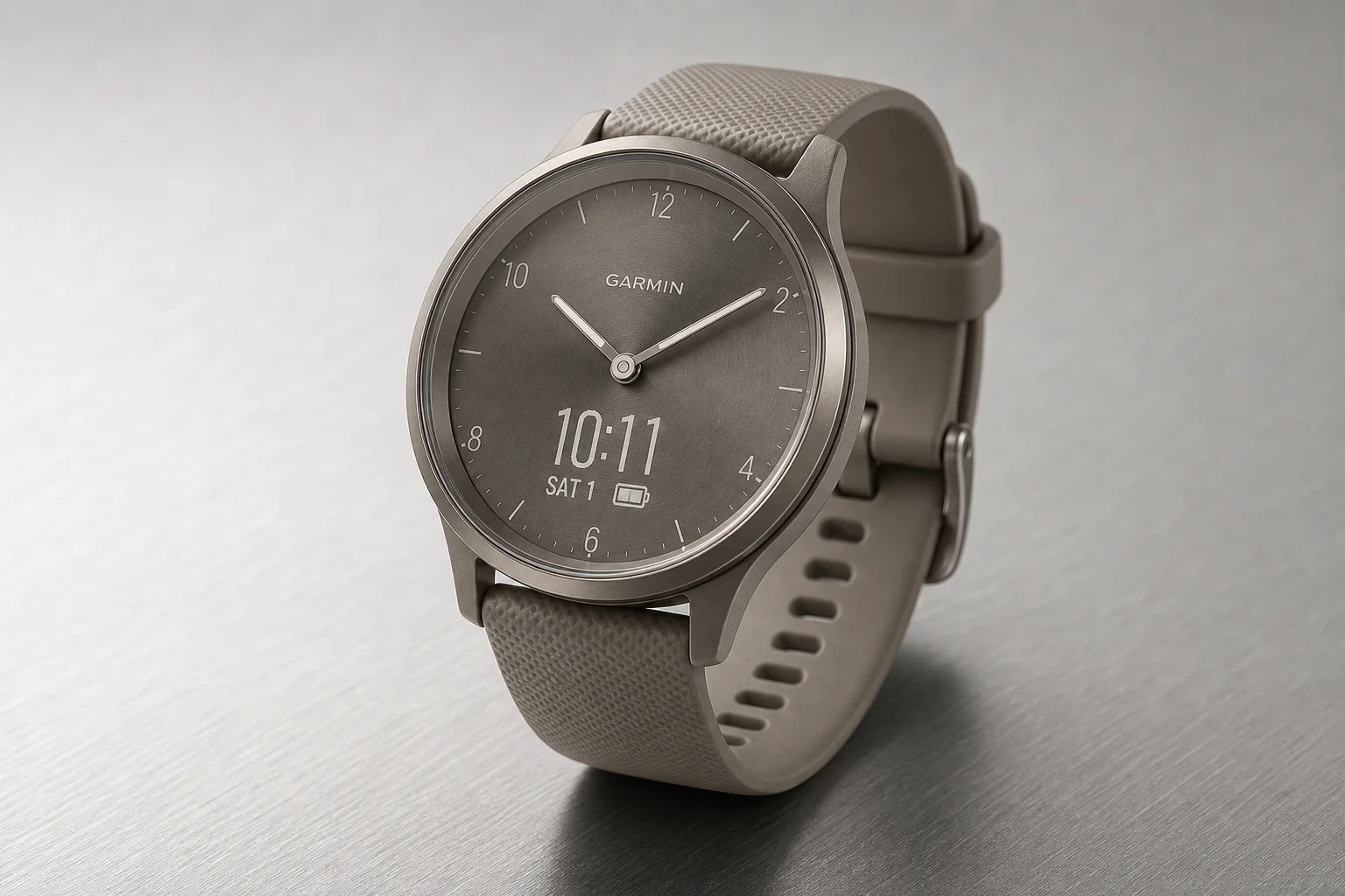 五款不同風格的 Garmin 腕錶陳列於水泥地上的合影