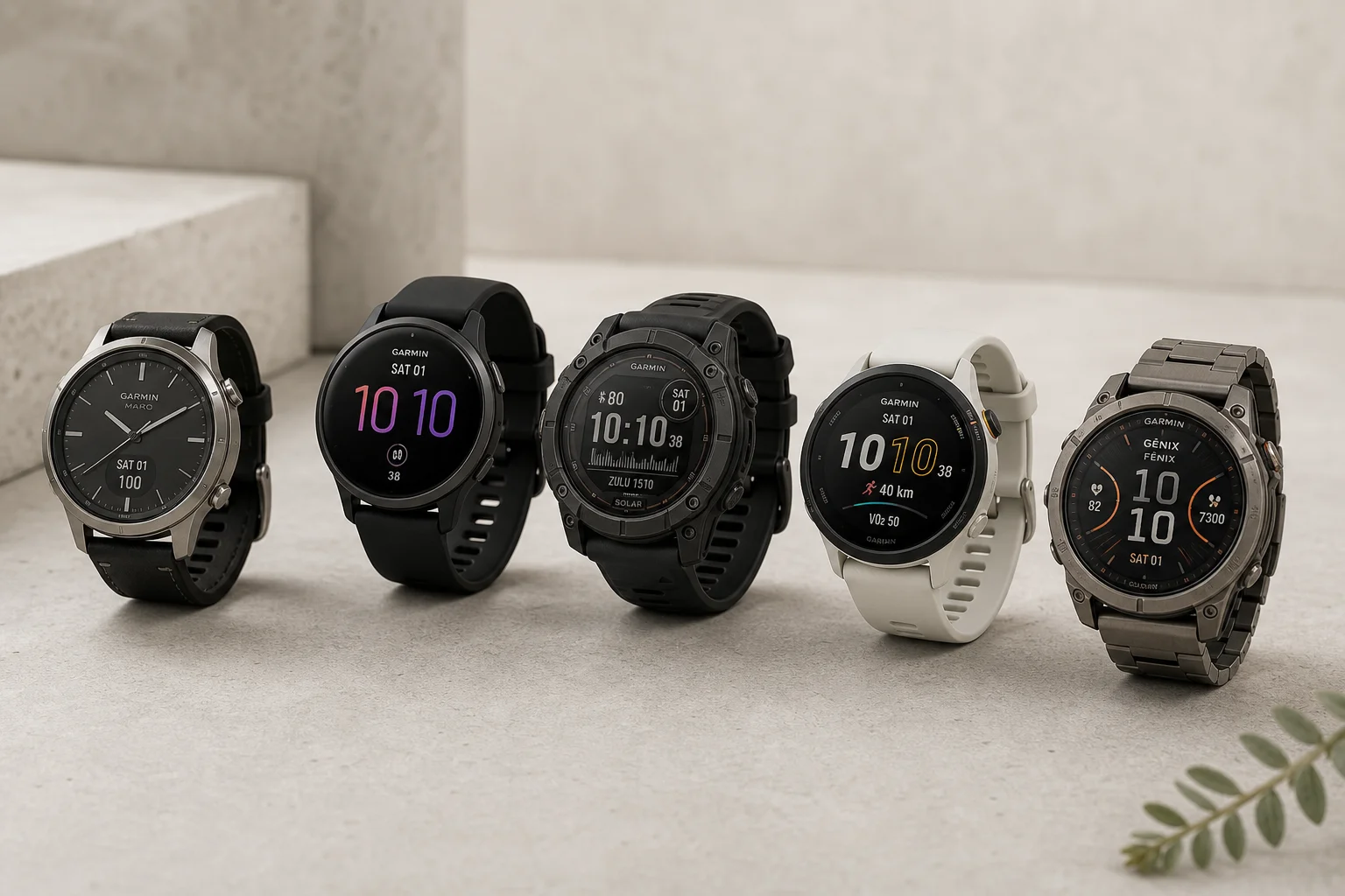 五款不同風格的 Garmin 手錶排列在水泥地面上